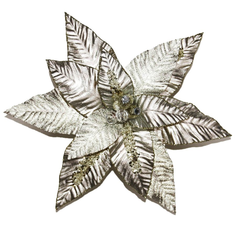 POINSETTIA HEAD SILVER 12.5" SHINY W/ GLTR W/CLIP