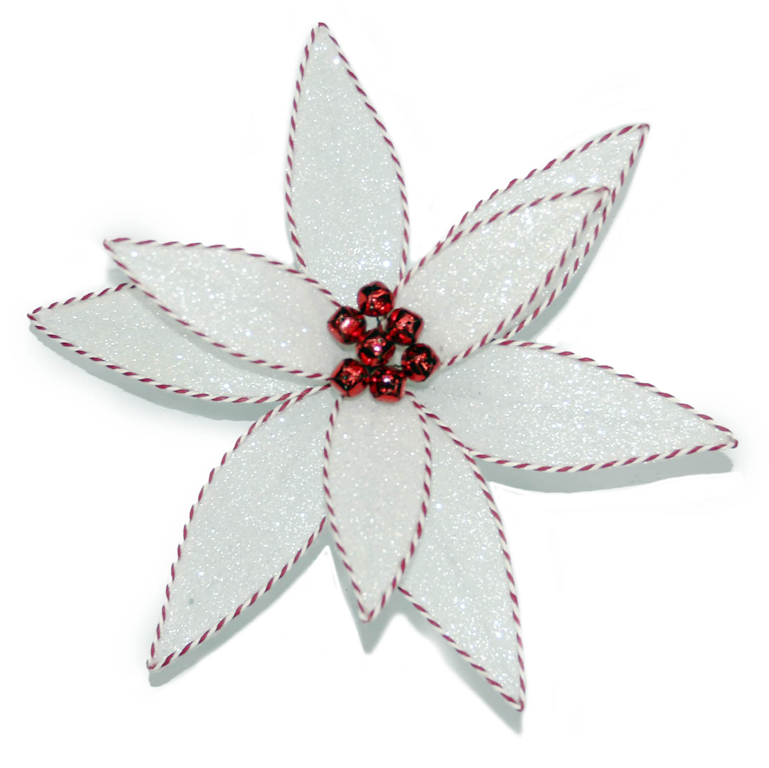 POINSETTIA HEAD WHITE 12" GLITTER W/ RED/WHITE EDGE W/ CLIP