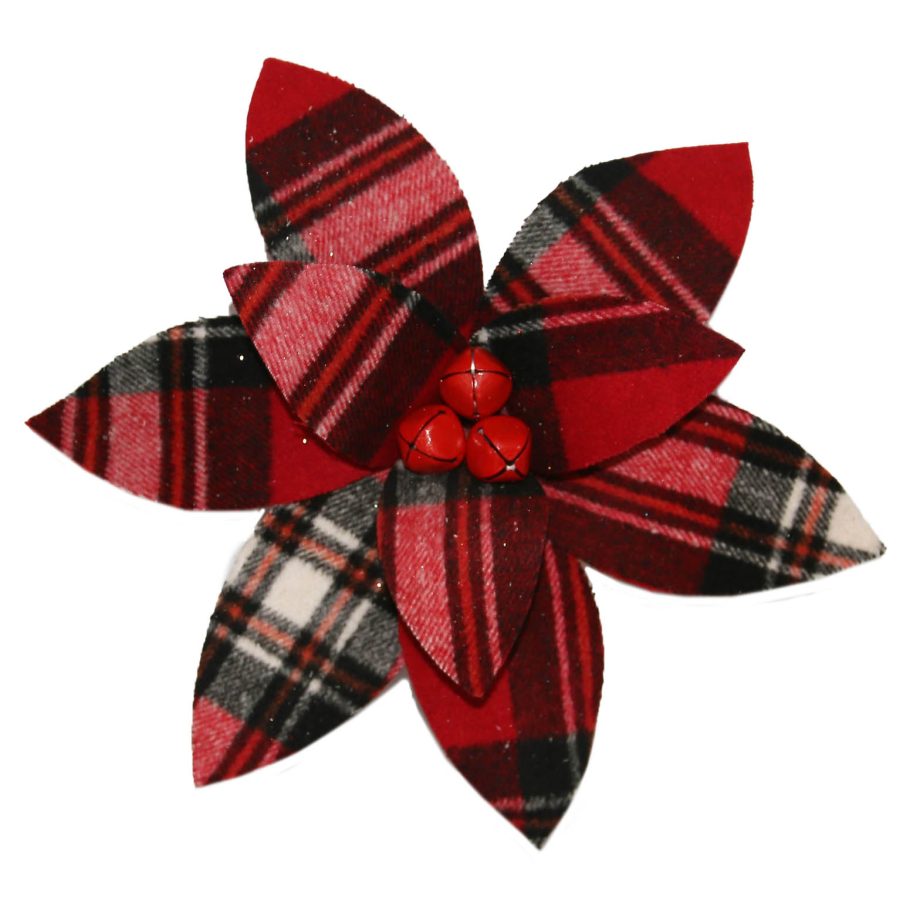 POINSETTIA HEAD RED /BLACK/WHITE 12.5 PLAID  W/BELLS W/CLIP