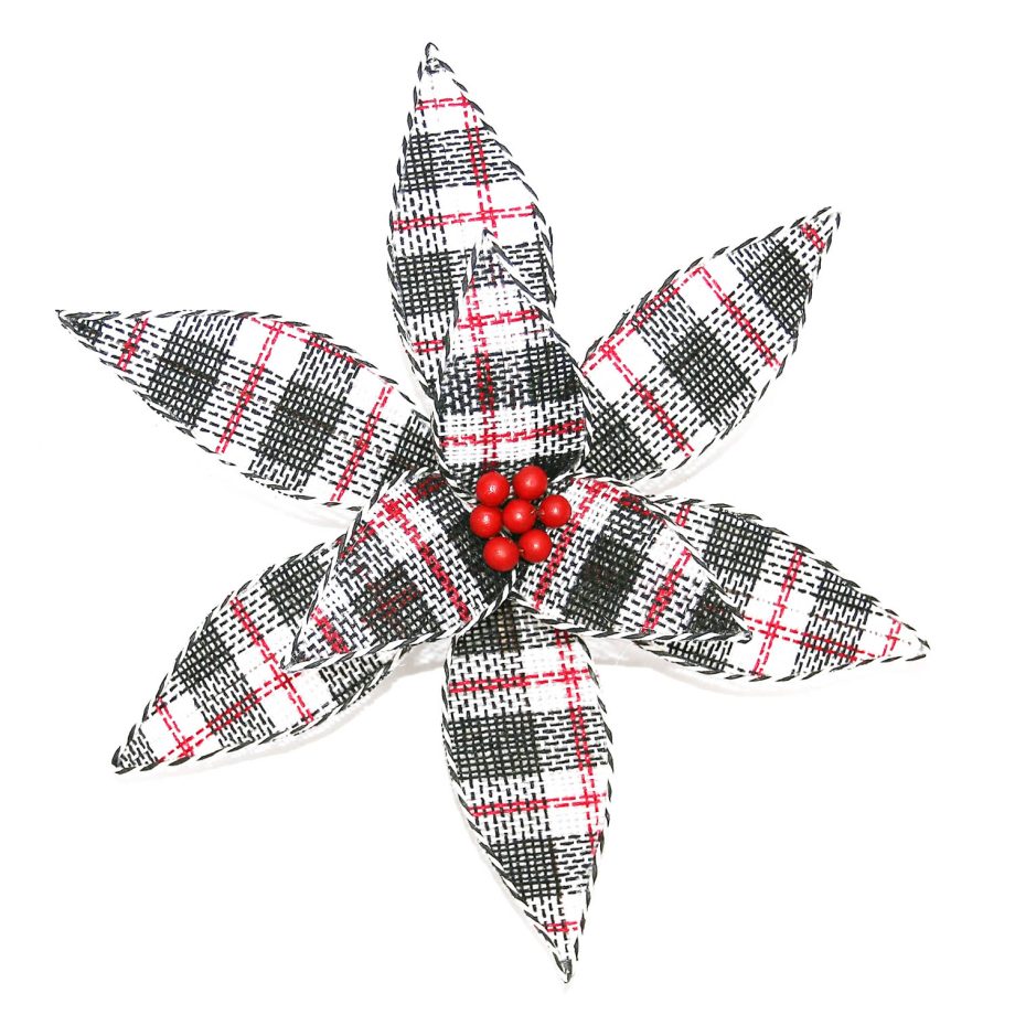 POINSETTIA HEAD BLACK / WHITE / RED 12.5" PLAID W/BELLS W/CLIP