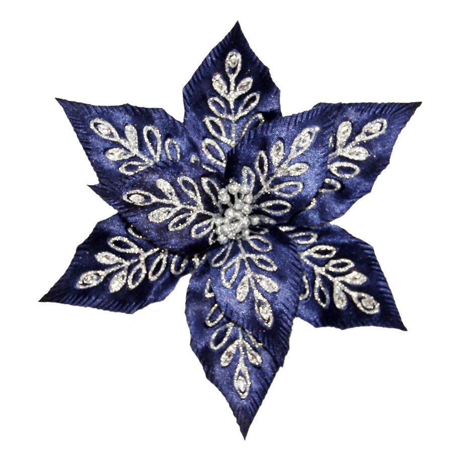 POINSETTIA HEAD BLUE MIDNIGHT 13" SILVER GLTR W/CLIP