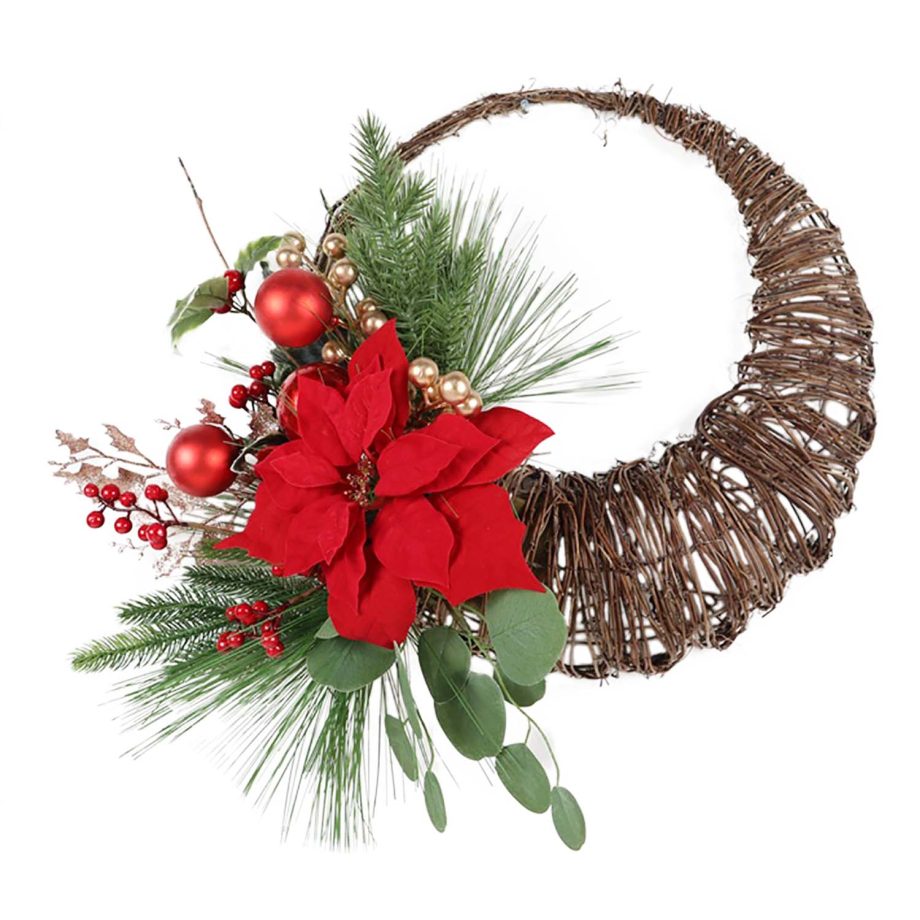 WREATH RATTAN 24" RED POINSETTIA/ BERRY & BALLS IN CORNUCOPIA