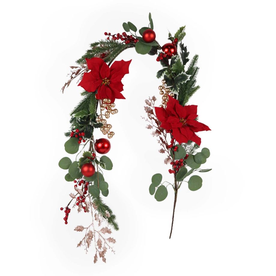 GARLAND GRN 60" RED POINSETTIA / BERRY & BALLS