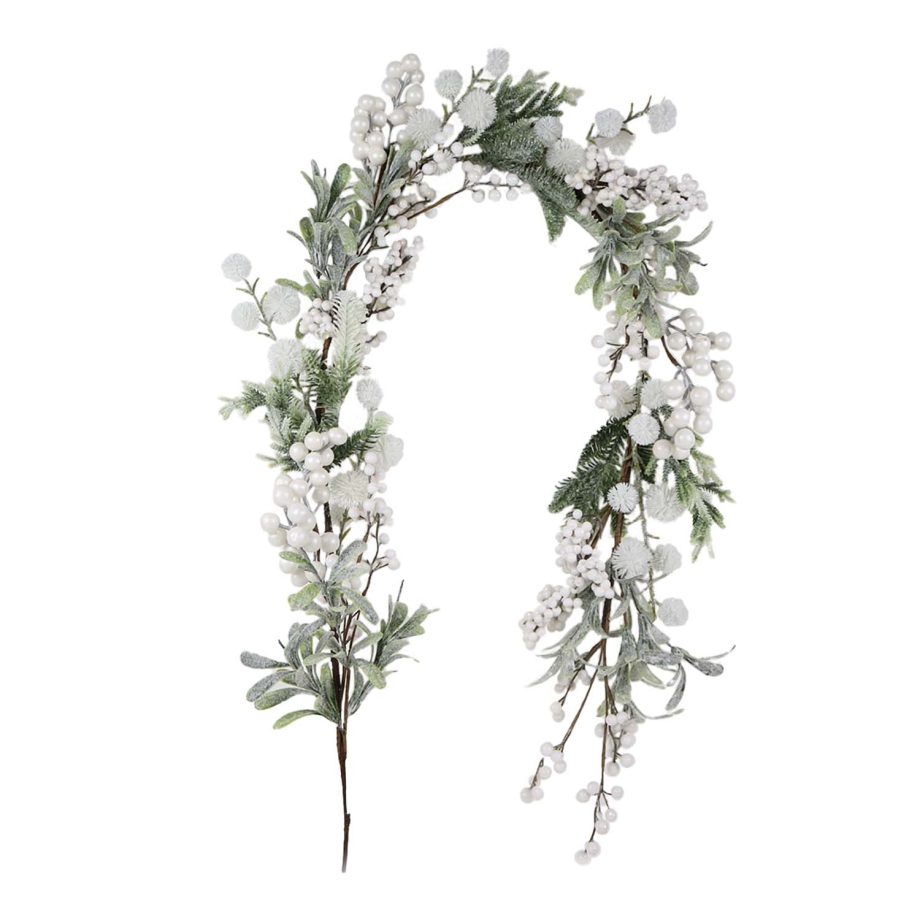 GARLAND GRN 60" WHITE BERRY/PODS & MISTLETOE FROSTED