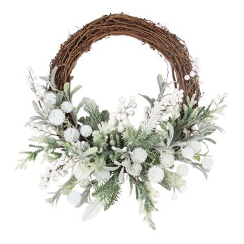 WREATH RATTAN 20" VINE WHITE BERRY/PODS & MISTLETOE FROSTED