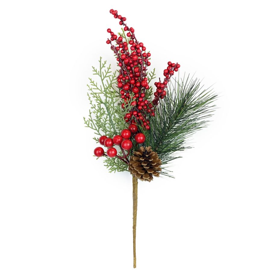 SPRAY GRN PINE 15" RED BERRY W/MIXED PINE & CONE