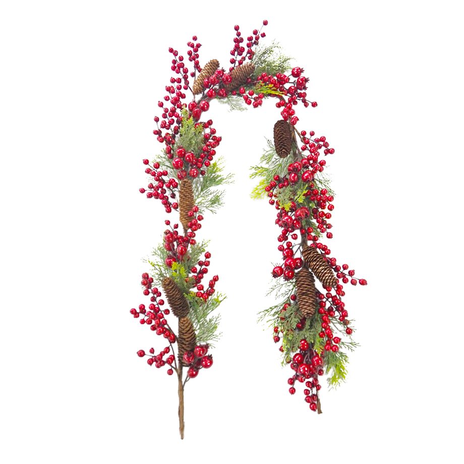 GARLAND GRN 72" RED CLUSTER BERRY W/PINE & CONES