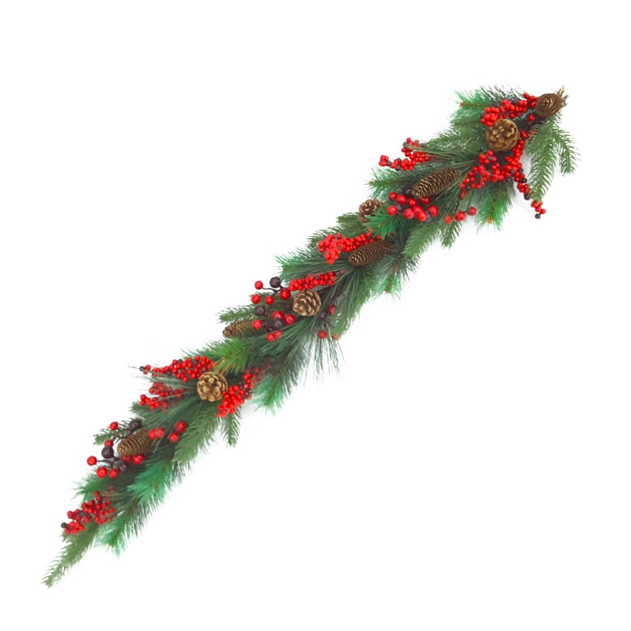 GARLAND GRN 48" RED CLUSTER BERRY W/ PINE & CONES
