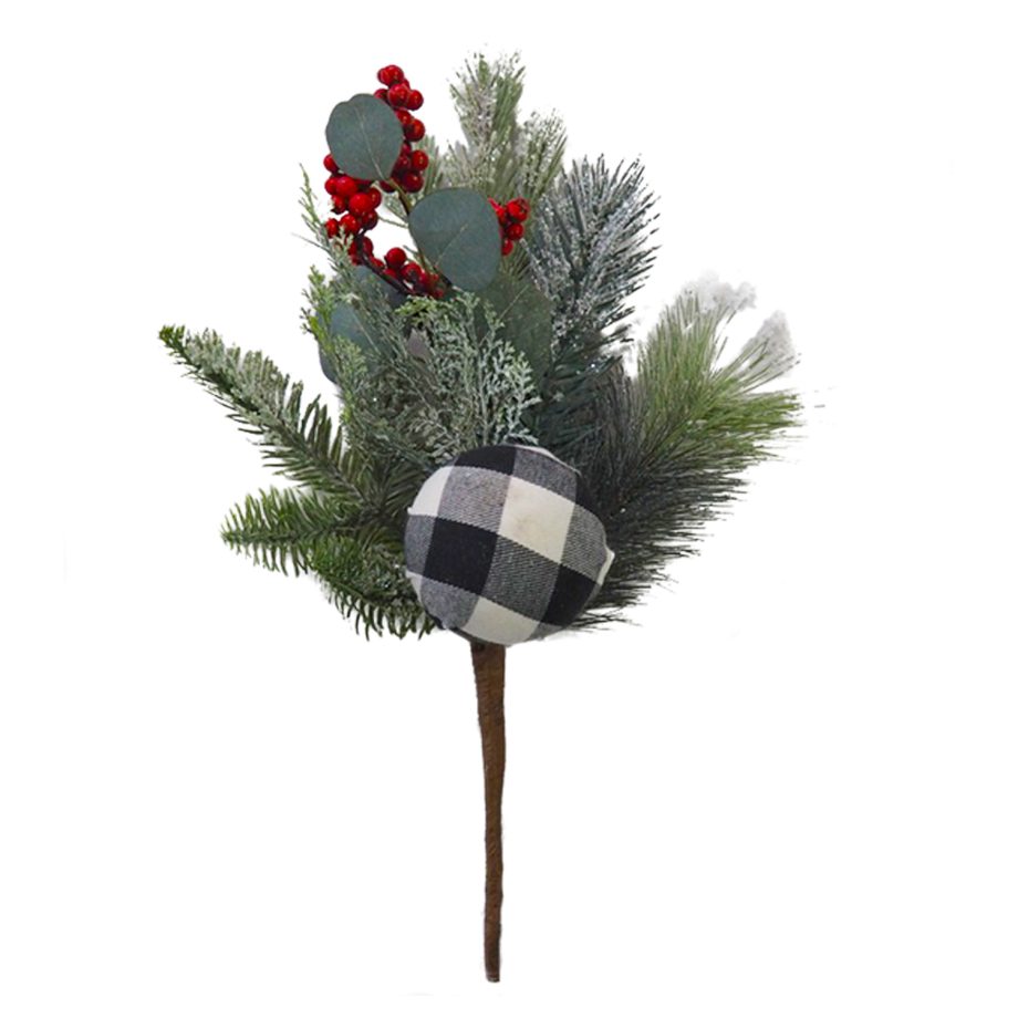 SPRAY PINE 16" BALL/FLOCKED MIXED PINE W/PLAID (BLK&GREY)/RED BALLS