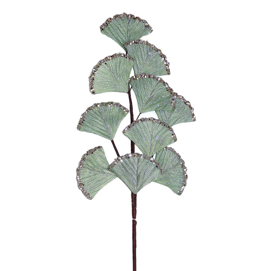 SPRAY LEAVES VELVET FAN 26.3" AQUA GREEN FABRIC W/GLTR