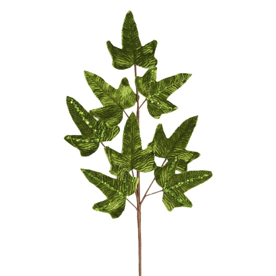 SPRAY LEAVES VELVET 27.5" DARK GREEN W/GLITTER