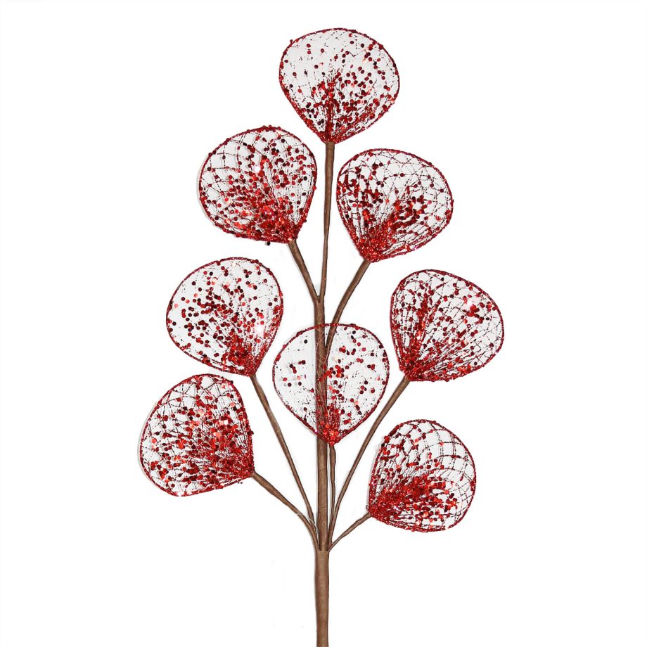 SPRAY LEAVES MESH 26" RED GLITTER