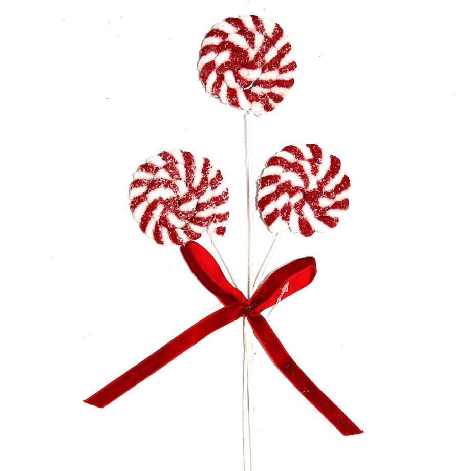 SPRAY CANDY CANE LOLLIPOP 12.2" X3 RED/WHITE FROSTED