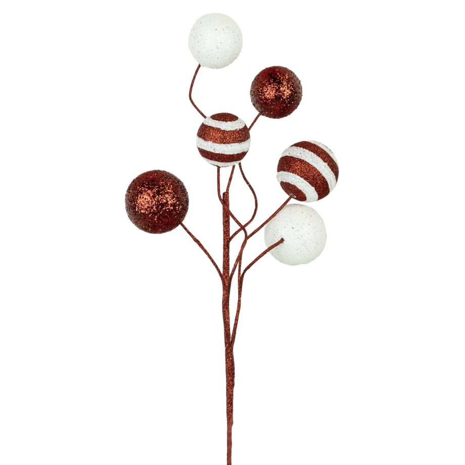 SPRAY CANDY CANE BALLS 20" RED/WHITE GLITTER