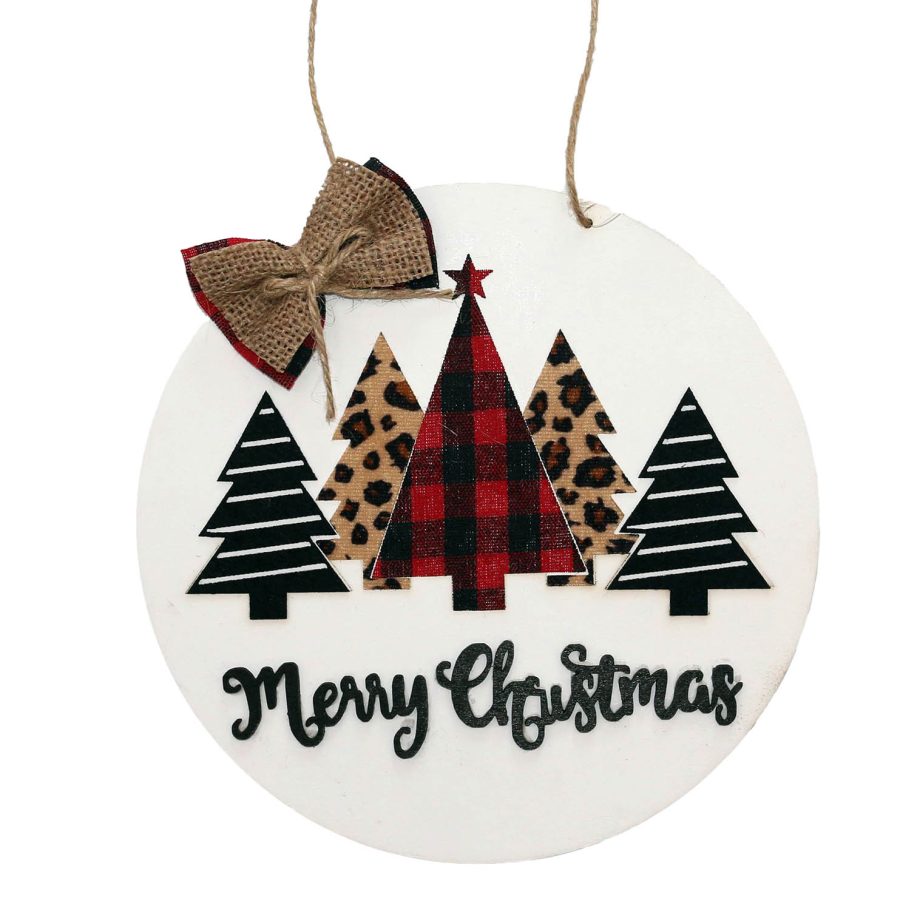 ORN WOODEN DISC 8" W/TREES RED /BLACK /WHITE
