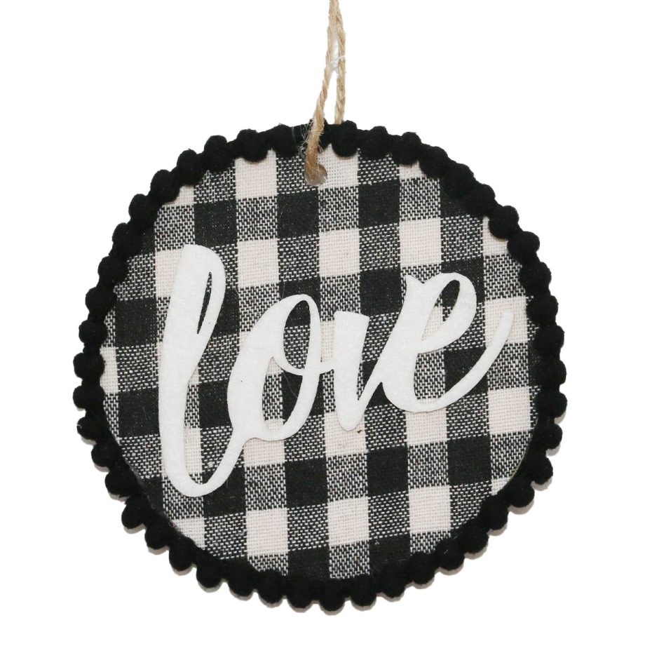 ORN WOODEN DISC 4" BLACK/WHITE W/LOVE