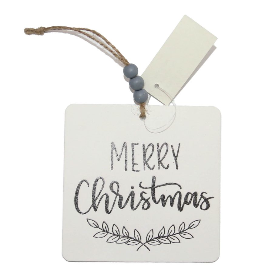 ORN WOODEN TAG 4"W/ MERRY CHRISTMAS WHITE/BLACK/GREY