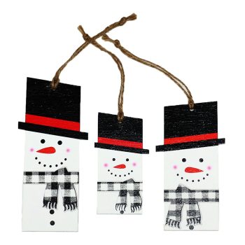 ORN WOODEN TAG SNOWMAN 6.69"/4.33"/5.51" RED/BLACK/WHITE 3 ASST