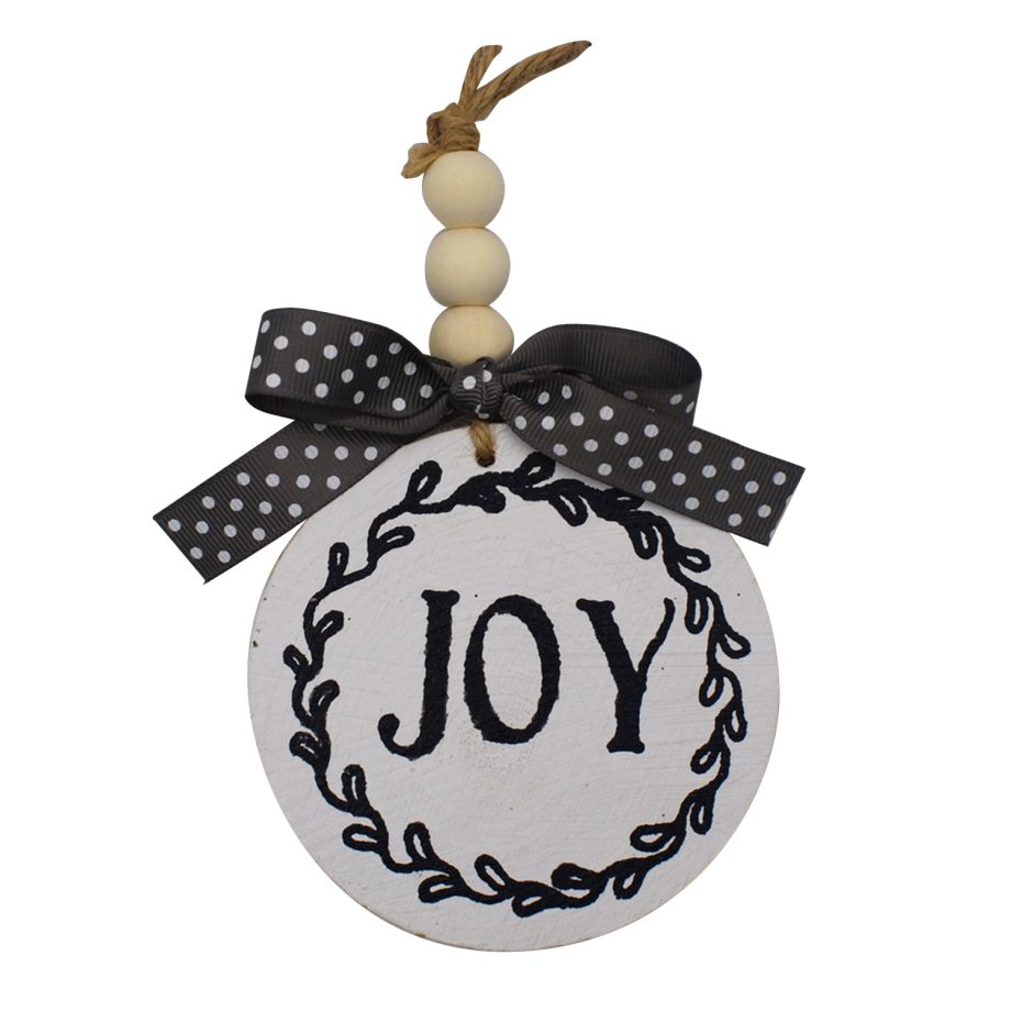 ORN WOODEN DISC 4" WHITE W/JOY IN BLACK
