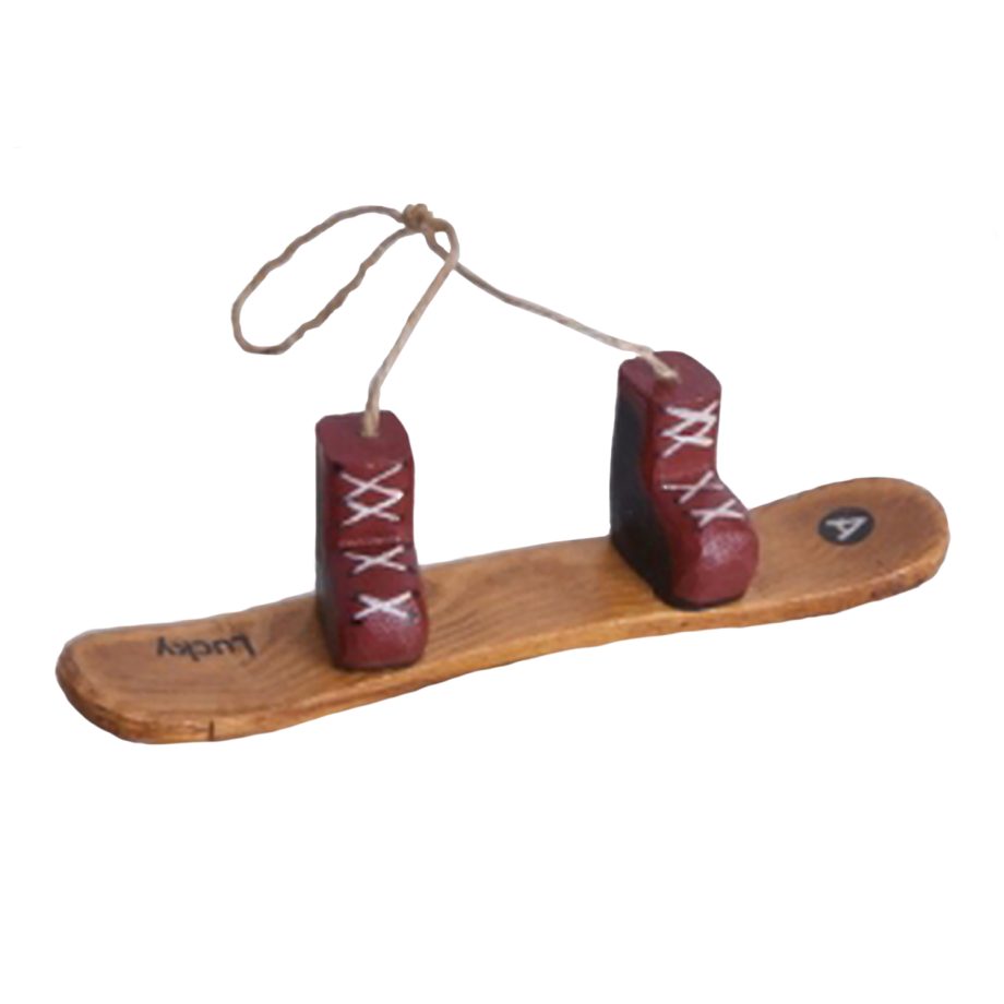 ORN WINTER WOODEN SNOW BOARD 7" NATURAL W/ RED BOOTS