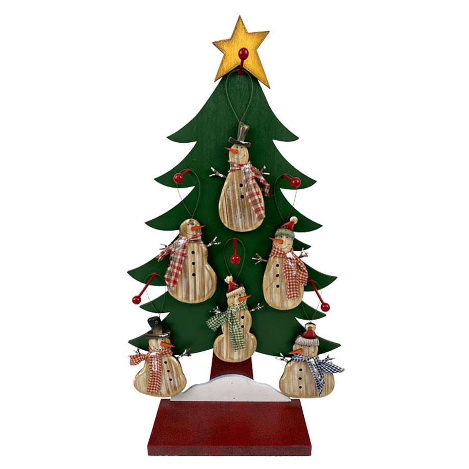 ORN DSP WOODEN SNOWMAN NATURAL 5.3" W/ DISPLAY 6/S