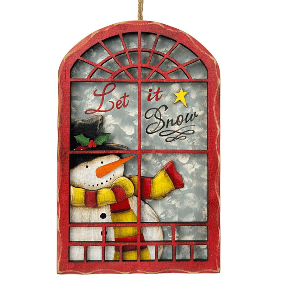 WOODEN WALL DECOR 8"X12" SNOWMAN IN WINDOW