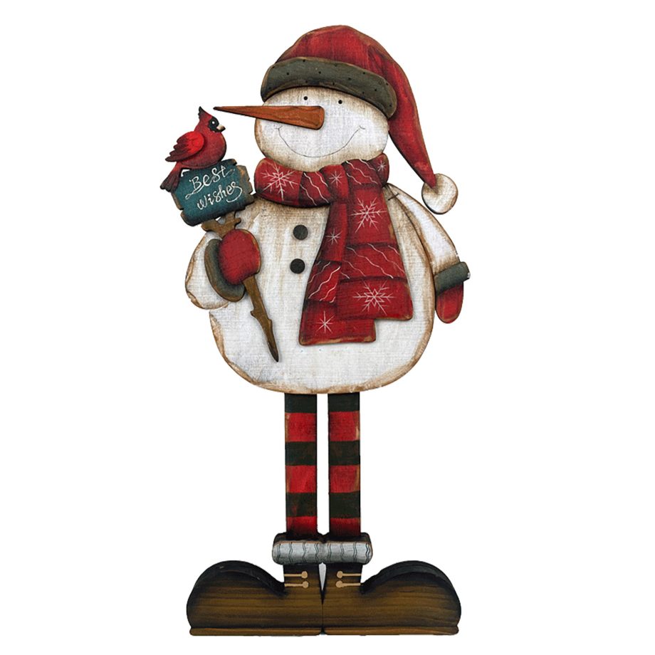 WOODEN SNOWMAN 9"X18" W/CARDINAL STAKE W/ EASEL