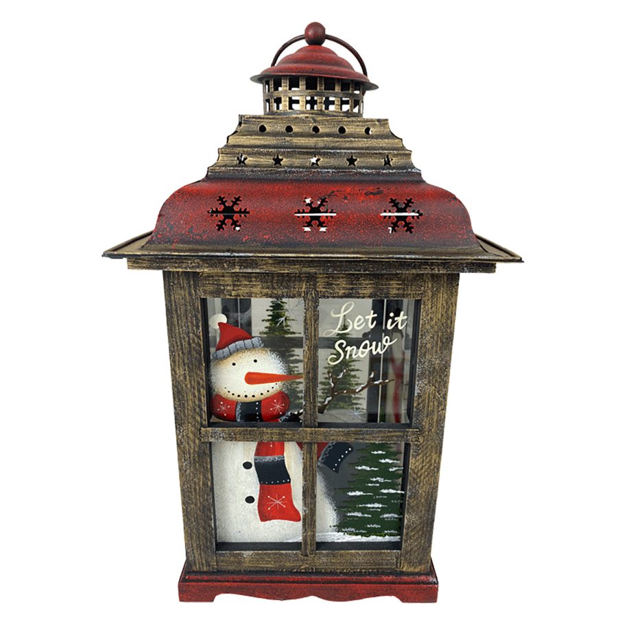 WOODEN LANTERN 17"H W/SNOWMAN DESIGN 9"X9"X17"