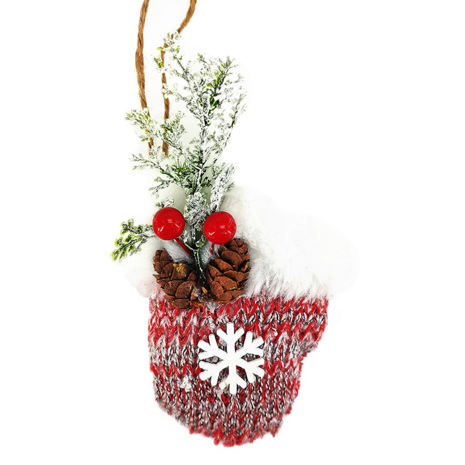 ORN FABRIC MITTEN 4" RED KNIT FABRIC W/SNOWFLAKE, PINE & BERRY