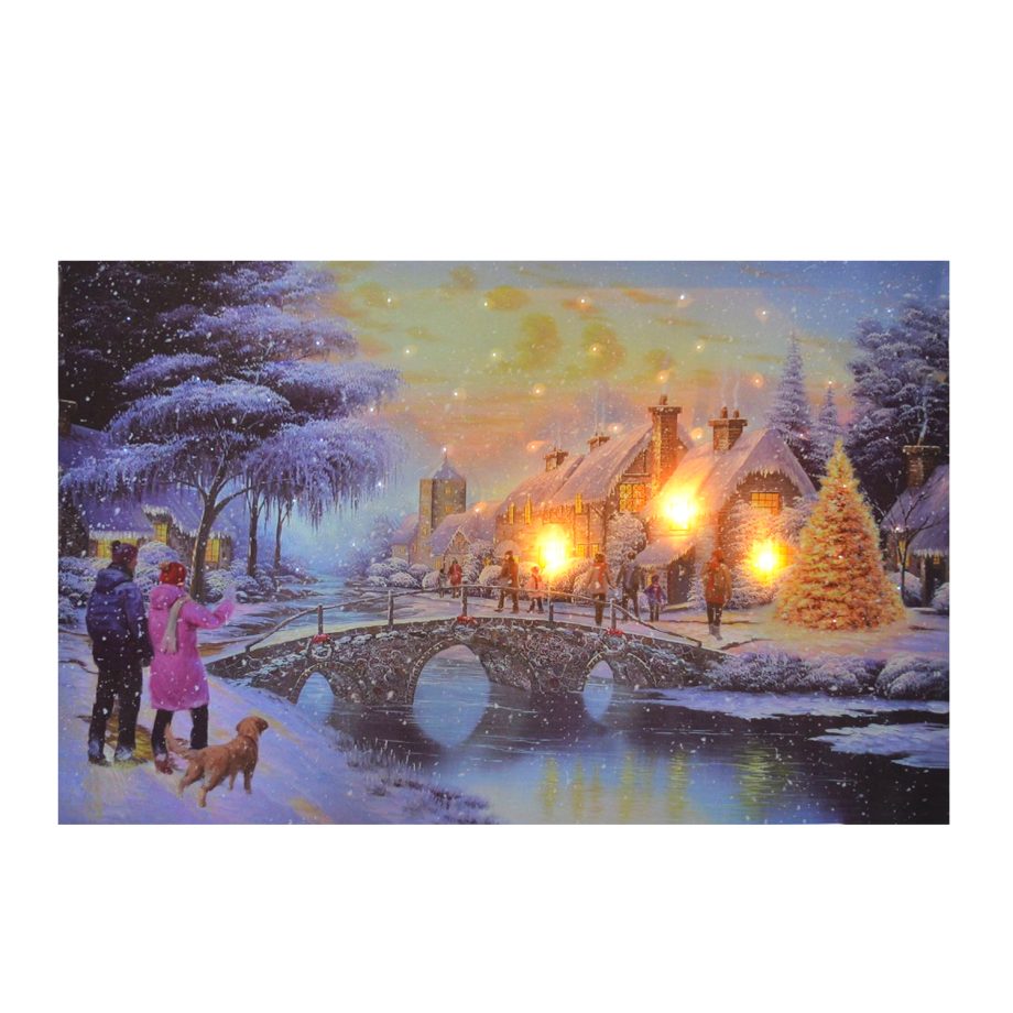 CANVAS 24"X16" 3 LED+40 FBR XMAS VILLAGE& BRIDGE W/TIMER