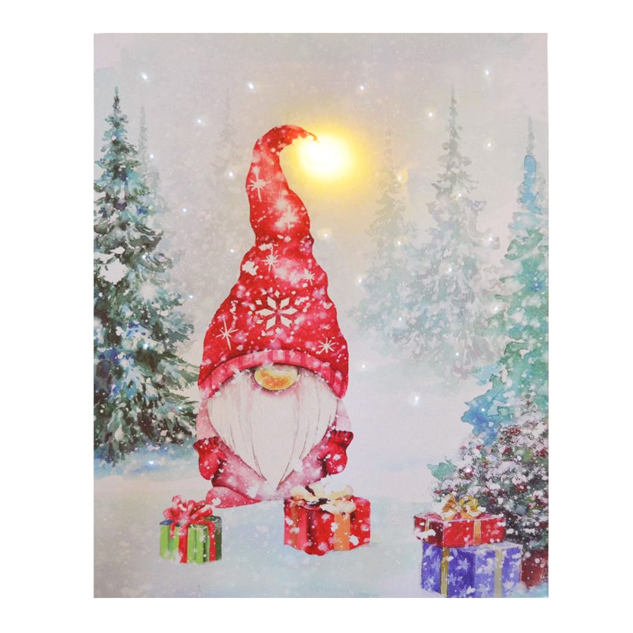 CANVAS 12"X16" 1 LED+30 FBR GNOME SNOWY SCENE W/TIMER
