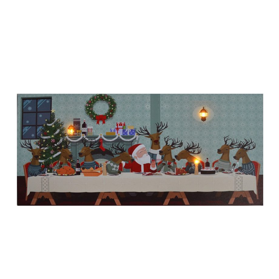 CANVAS 24"X12" 3 LED REINDEER & SANTA DINNER W/TIMER