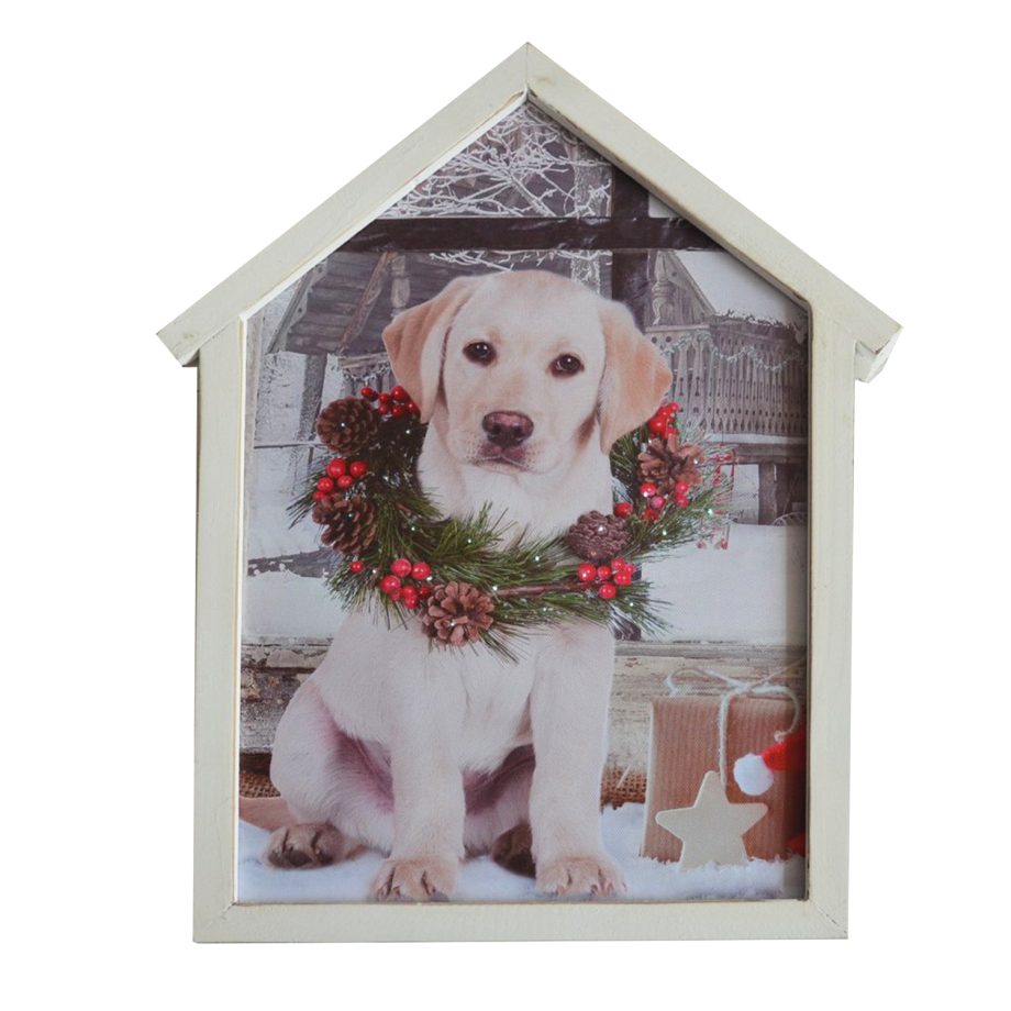 CANVAS W/ FRAME 12"X15"20 LED DOG W/ WREATH W/TIMER