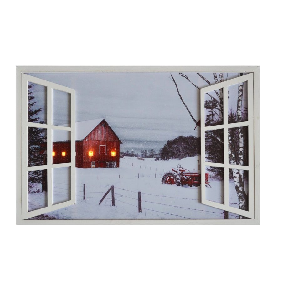 CANVAS W/ FRAME 35"X24"4 LED SNOWY FARM/ BARN SCENE W/TIMER