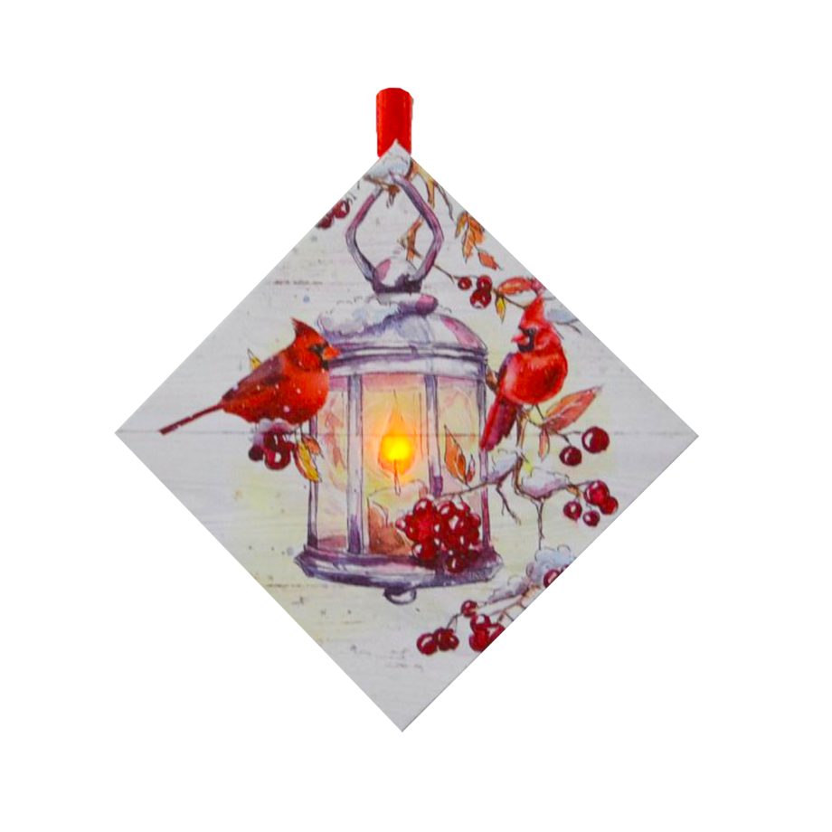 CANVAS 05"X5" 1 LED W/ CARDINAL ON A BIRD HOUSE