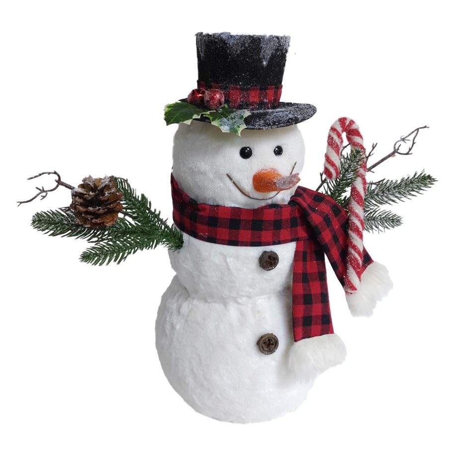 SNOWMAN WHITE FUR 18" W/ PLAID SCARF, BLACK HAT  & CANDY CANE