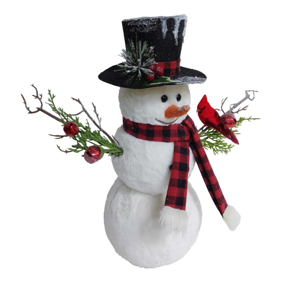 SNOWMAN WHITE 15" FUR W/ PLAID SCARF & CARDINAL