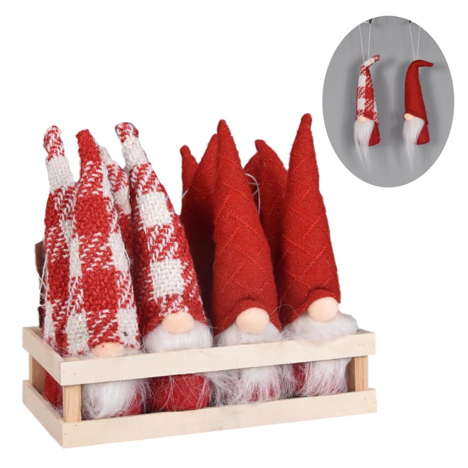 ORN PLUSH GNOME 8" RED/WHITE W/TRAY 12 PC. (2 STYLES)