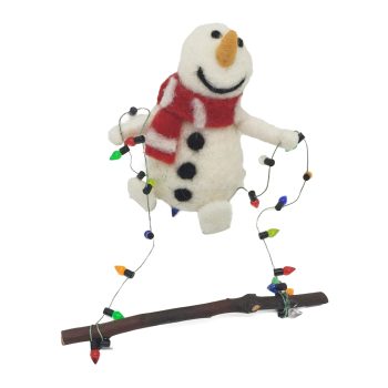 ORN WOOL SNOWMAN 6"X2"X2" HOLDING XMAS LIGHTS MULTI