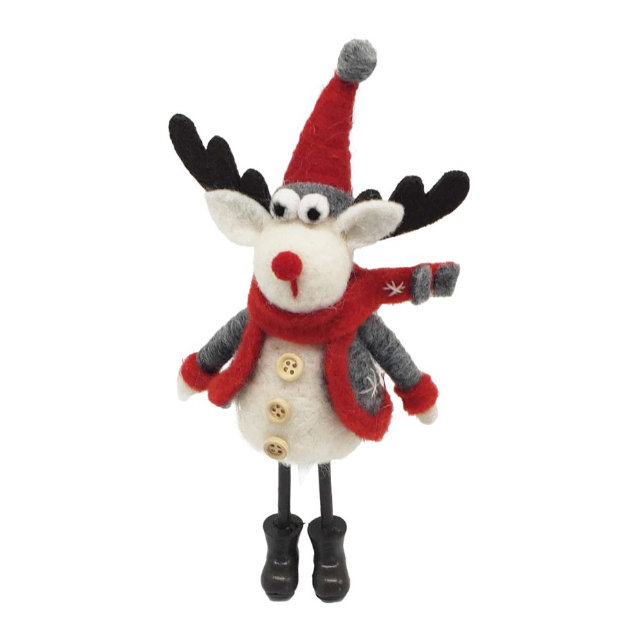 ORN WOOL REINDEER  STANDING W/ RED SCARF&HAT