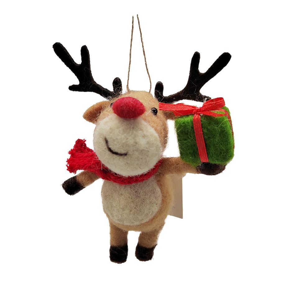 ORN WOOL REINDEER 5"X2"X4" HOLDING GIFT