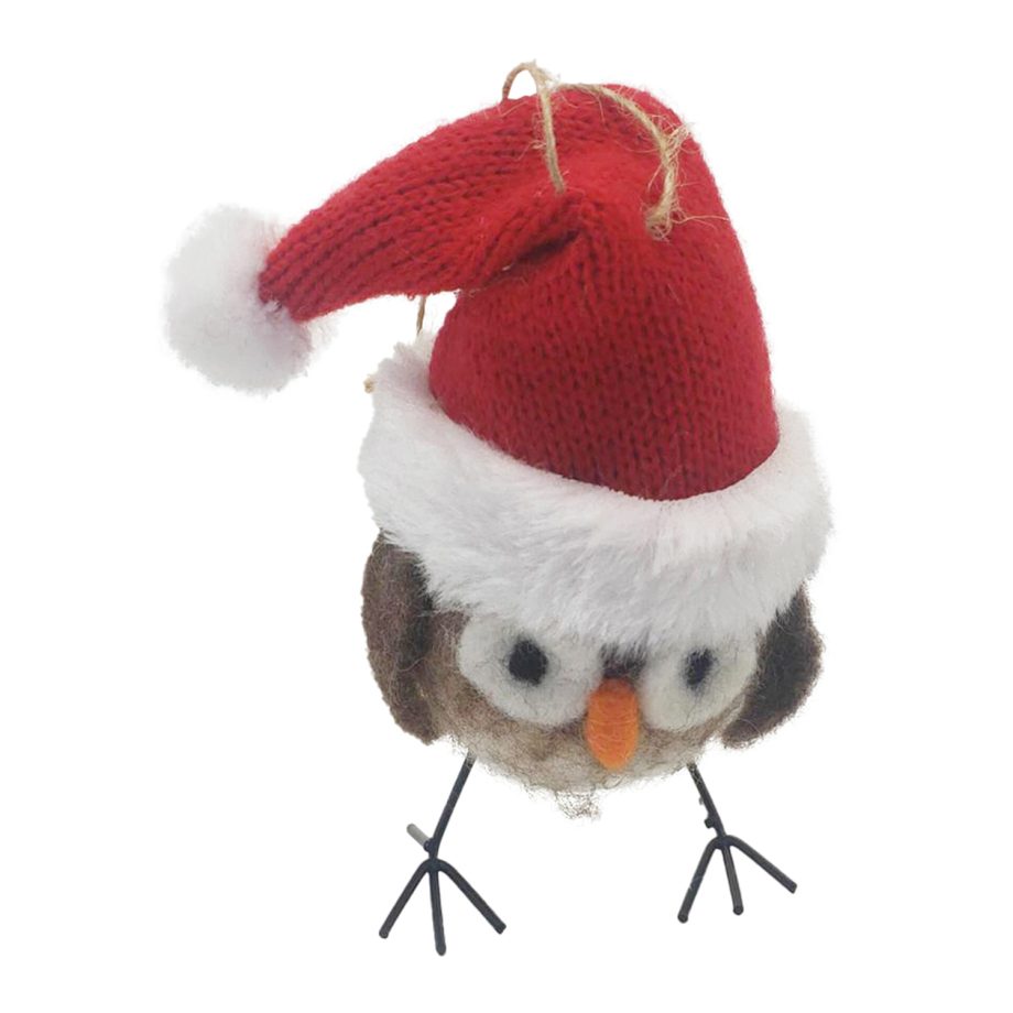 ORN WOOL OWL 4"X2"X2" W/ RED SANTA HAT