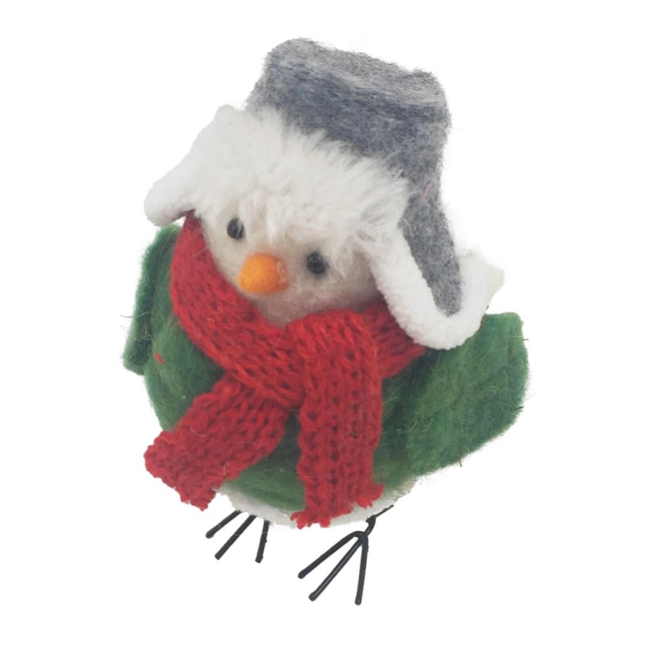 ORN WOOL BIRD 4"X5"X6" W/ GRAY HAT&RED SCARF