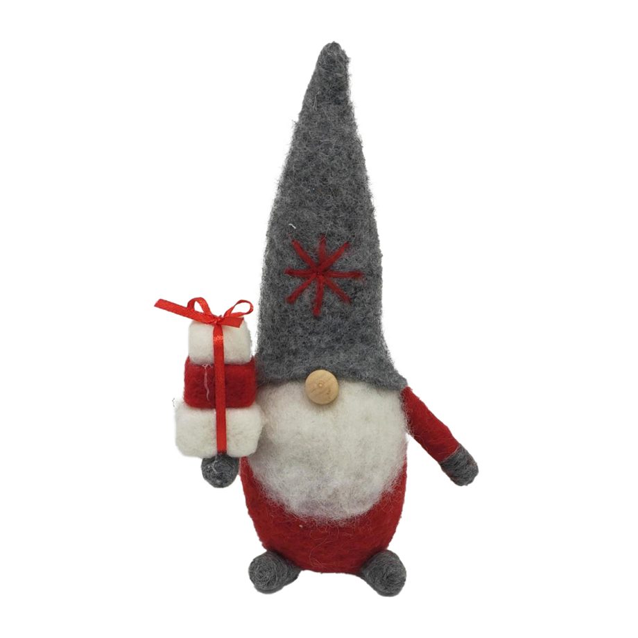 ORN WOOL GNOME 4"X2"X5" HOLDING GIFTS W/ GRAY HAT