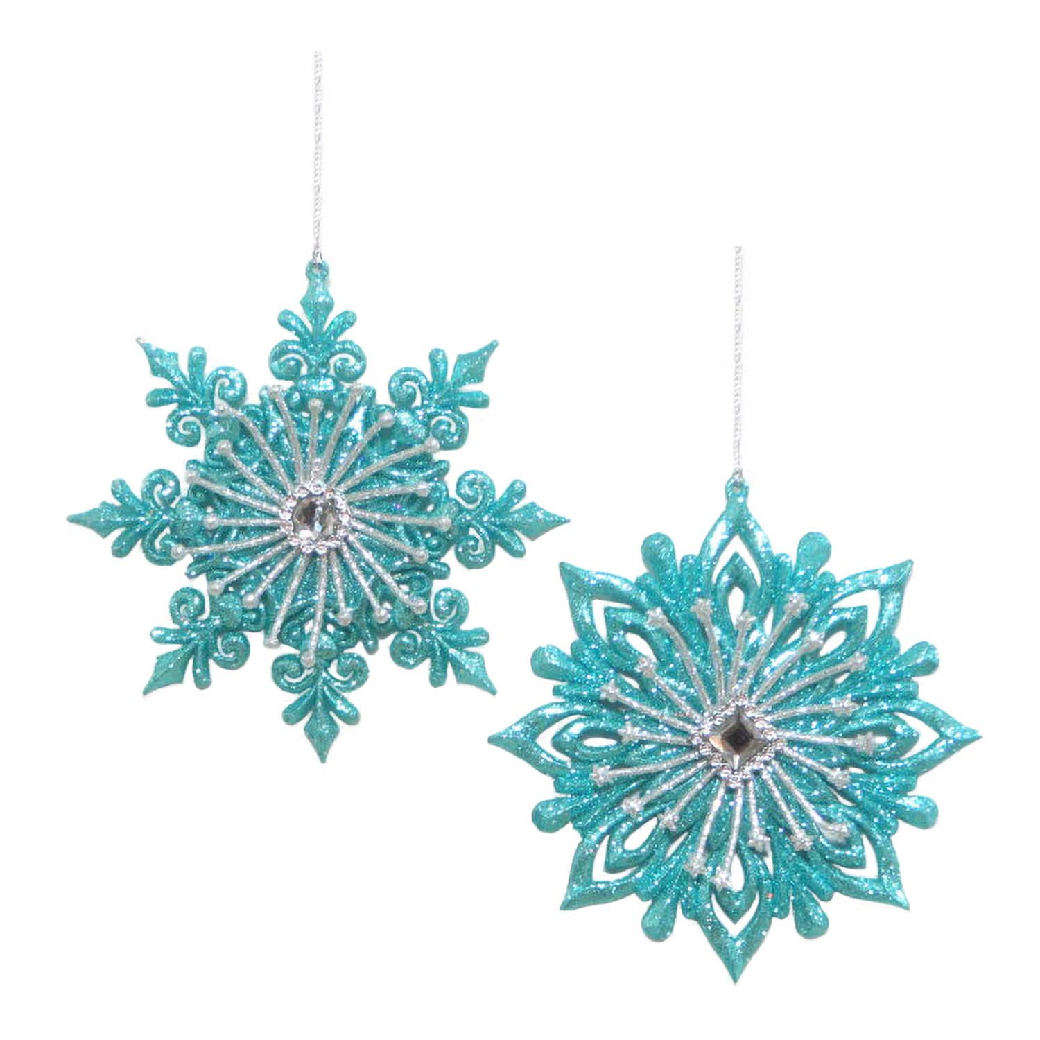 ORN BLUE / AQUA SNOWFLAKE 5" W/ GLITTER & JEWEL 2 ASST.