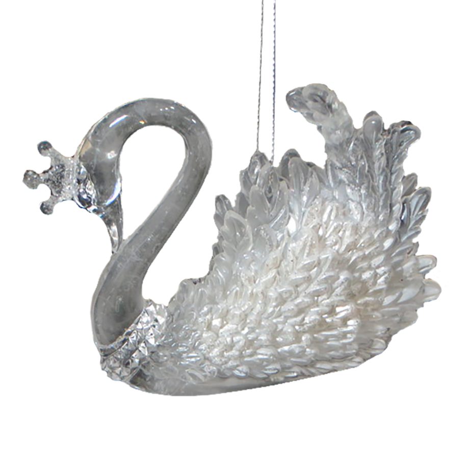 ORN CLEAR PEARL ROYAL SWAN 3" W/ ICE GLITTER
