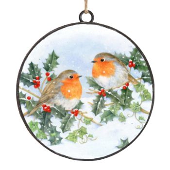 ORN METAL DISC 4" ROBIN LOVEBIRDS
