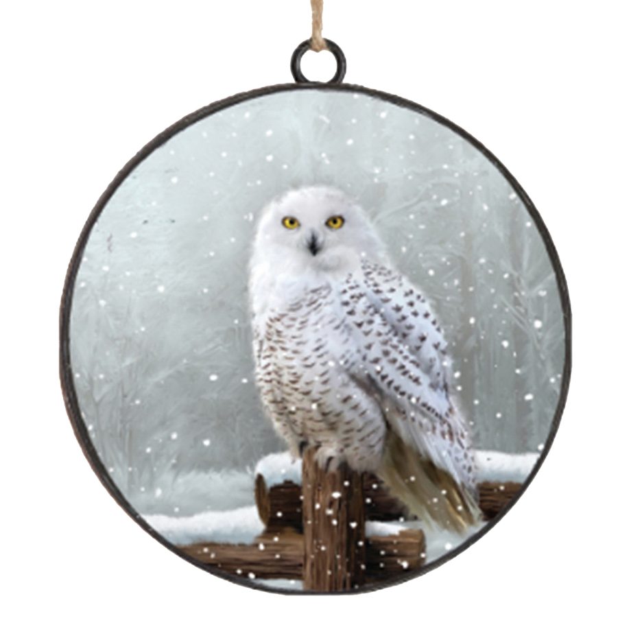 ORN METAL DISC 4" WINTER OWL ON FENCE