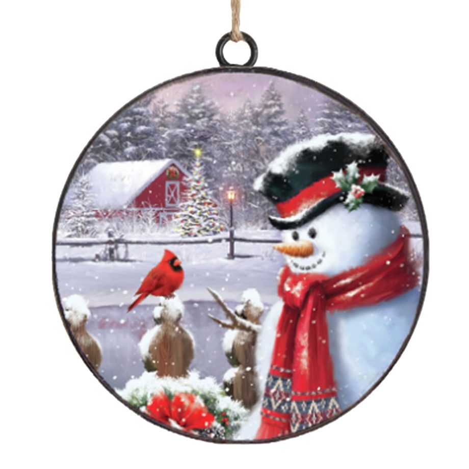 ORN METAL DISC 4" SNOWMAN & CARDINAL