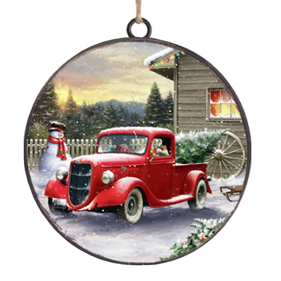 ORN METAL DISC 4" RED TRUCK W/ SNOWMAN